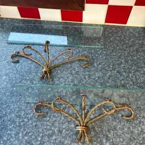 Vintage Ornate Twisted Metal Glass Wall Shelves - Pair in Gold Finish